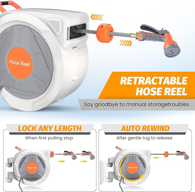 GarveeLife Retractable Garden Hose Reel 5/8 in x 100 Ft, Wall Mounted Garden Hose Reel, with 9 Function Sprayer Nozzle, Any Length Lock, Lock/Automatic Slow Return System, 180° Swivel Bracket(Grey)