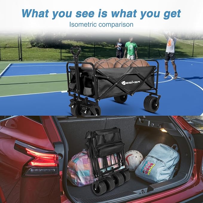 Yesker Foldable Wagon - 300lbs Collapsible Garden Carts with All Terrain Wheels for Outdoor Camping Sports Shopping Gardening - Heavy Duty Portable Utility Trolley (Black)