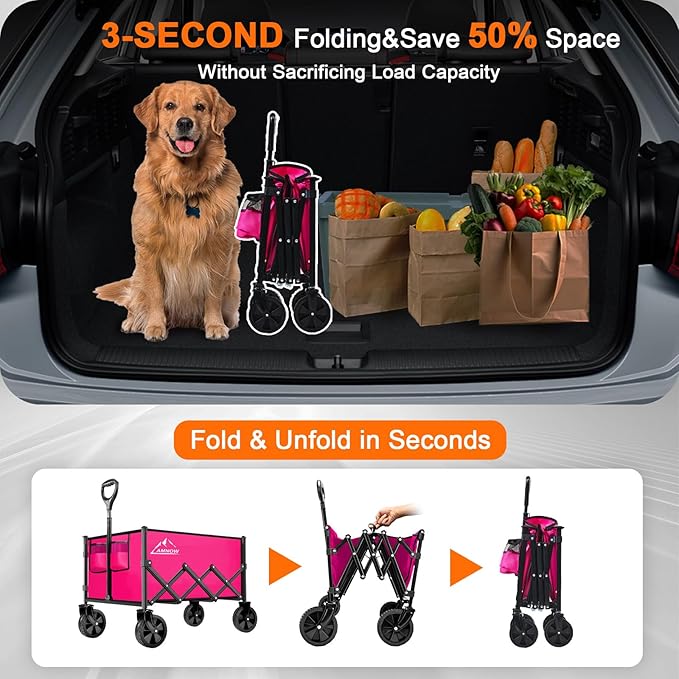 Collapsible Folding Wagon Cart, 350LBS Utility Large Capacity Cart Foldable Wagon with All Terrain Wheels, Grocery Wagons Carts for Garden Shopping Sports Camping, Rose