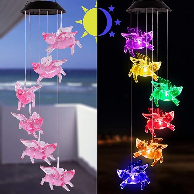 ME9UE Color Changing Flying Pigs Wind Chimes Gifts Portable Waterproof Mobile Romantic Fly Pigs Windchime, LED Solar Pig Wind Chimes Lights Gift for Mom, Festival, Patio, Garden, Outdoor Decoration