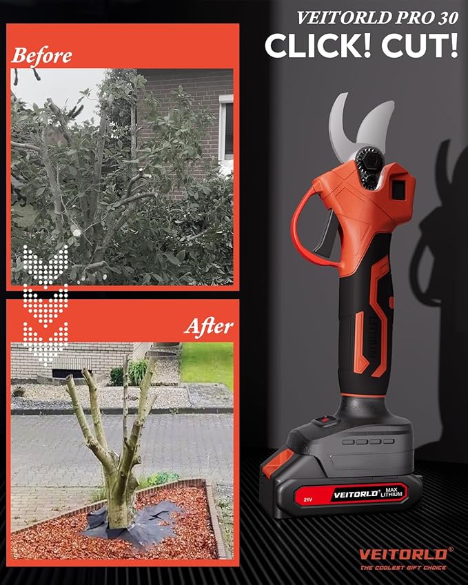 VEITORLD 20V Electric Pruning Shears, Garden Shears, 30mm 1.2'' Cutting Diameter Portable Cordless Branch Cutter Tree Trimmer with LCD Display&Replaceable Blades (Included 2Pcs 2.0Ah Batteries)