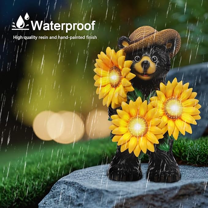 Bear Statue with Sunflowers LED Light 7.2" Solar Lamp Outdoor Garden Patio Yard Porch Lawn Decor Waterproof Resin Black Bear Figurine Unique Garden Gifts for Women Mom Grandma Sister