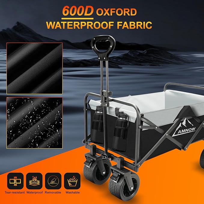 Collapsible Foldable Wagon, Utility Large Capacity Beach Wagon with Big Wheels, Shopping Cart with Side Pocket and Brakes for Sand, Garden, Grocery, Sports, Camping, Black