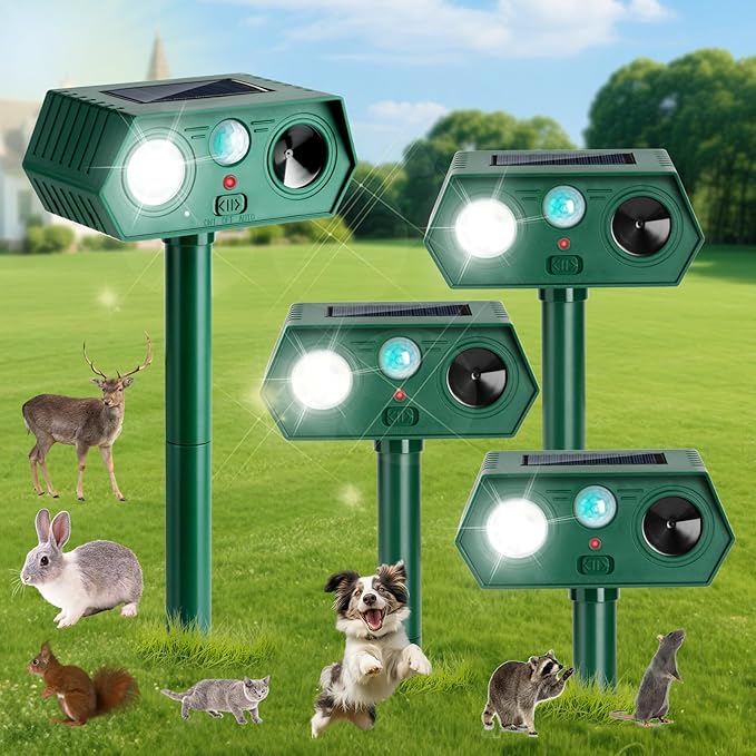 4Pack 2025 Ultrasonic Animal Repellent Outdoor Deer Repellent Devices Solar Animal Repeller Motion Activated Deterrent to Scare Cat Squirrel Rabbit Raccoon Skunk with LED Flash Lights for Yard Lawn