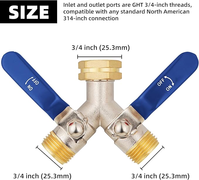2 Way Hose Splitter, Brass High Flow Garden Hose Splitter Heavy Duty, Hose Connector, Water Spigot Splitter, Full Flow Faucet Splitter with shutoff, 3/4” GHT Inlet