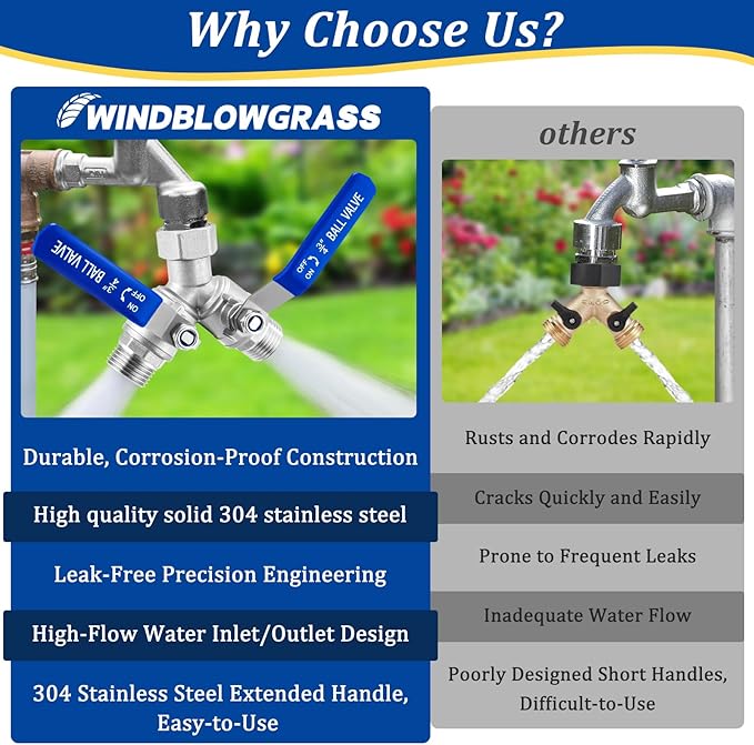 304 Stainless Steel Garden Hose Splitter 2 Way Heavy Duty, Full Flow Water Hose Splitter with Long Handle, Lead-Free, 3/4" GHT Thread, with 2 Washers, 1 Tape & Wrench