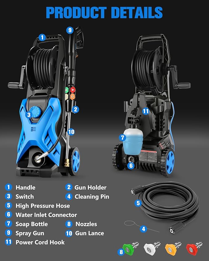 Pressure Washer, 2.8 GPM High Power Washer Adjustable Pressure 2500PSI-5000PSI with 33FT Extension Hose Reel, 4 Nozzles and Soap Bottle for Cars/Fences/Driveways