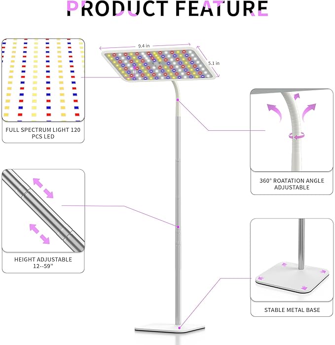 BESTVA 18W Grow Lights for Indoor Plants with Stand, Full Spectrum LED Plant Light for Indoor Plants,12-59 Inches Height Adjustable Growing Lamp with Auto On/Off Timer 4H/8H/12H, 4 Dimmable Brightnes