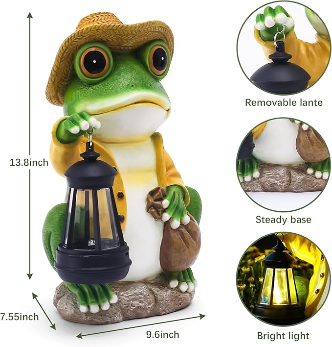 Large Frog Garden Statue, 13.3 Inches Tall, Resin Frog Decor with Solar Lantern for Outdoor Decoration and Housewarming