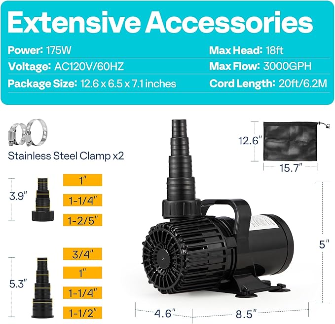 VIVOHOME 175W 3000GPH Submersible Water Pump with 180° Seamless Adjustable Nozzle and Barrier Bag for Koi Pond Waterfall Fountains Fish Tank