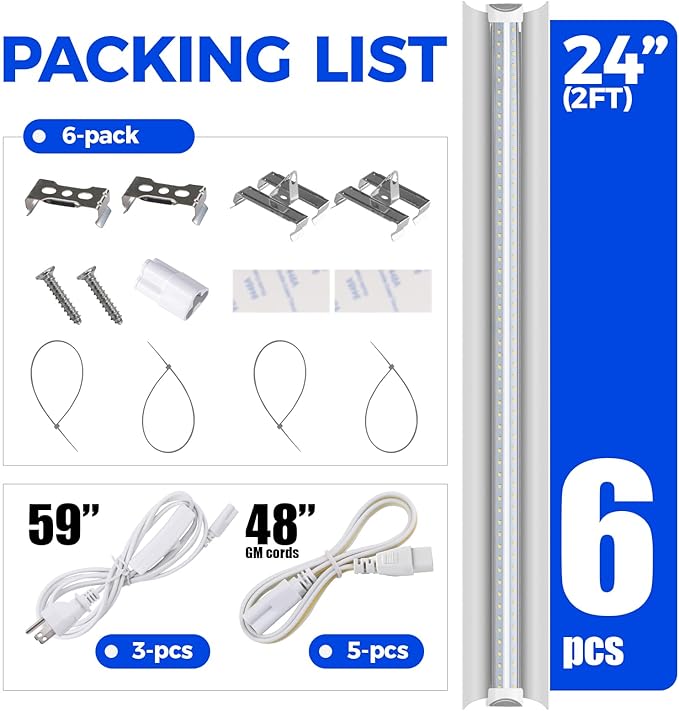 Barrina Grow Lights, 2FT 5000K White Full Spectrum Plant Growing Lamps, 144W(6 x 24W, 800W Equivalent), T8 LED Grow Light Bulbs, Plant Lights for Indoor Plants, Greenhouse, Linkable Design, 6-Pack