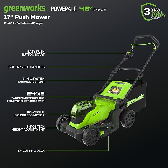 Greenworks 48V (24V x 2) 17" Brushless Cordless Push Lawn Mower, Includes (2) 4.0Ah Batteries and Dual Port Rapid Charger((150+ Compatible Tools, 45Min Runtime)