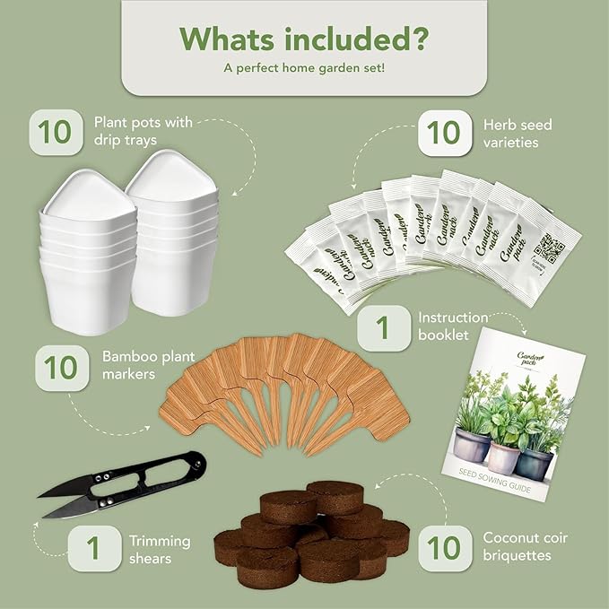 Garden Pack 10 Herb Indoor Window Herb Garden - Includes Pots, Trays, and Compressed Soil for Easy Indoor Herb Growing - Perfect Kitchen Herb Garden Starter Kit for Beginners and Gifts