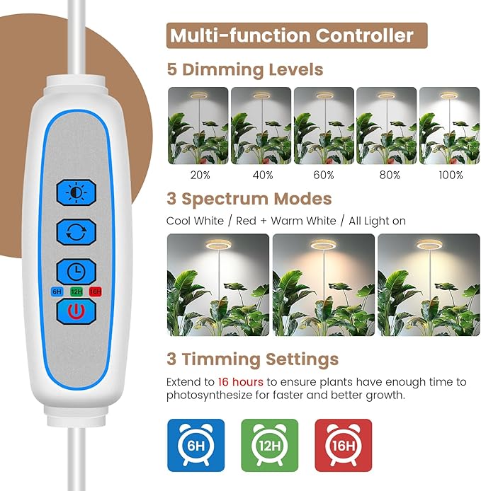 Grow Light, Full Spectrum LED Plant Lighs for Indoor Growing with 6/12/16H Timer, 3 Color Modes, 5 Brightness, 10"-60" Height Adjustable Plant Grow Lamp for Tall Indoor Plants (3 Pack)