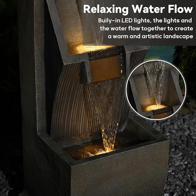 35" H 3-Tier Indoor/Outdoor Modern Water Fountain with LED Lights and Pump, Outdoor Freestanding Cascading Waterfall - Suitable for Garden, Patio, Porch, Yard and Outdoor Decor (Brown)