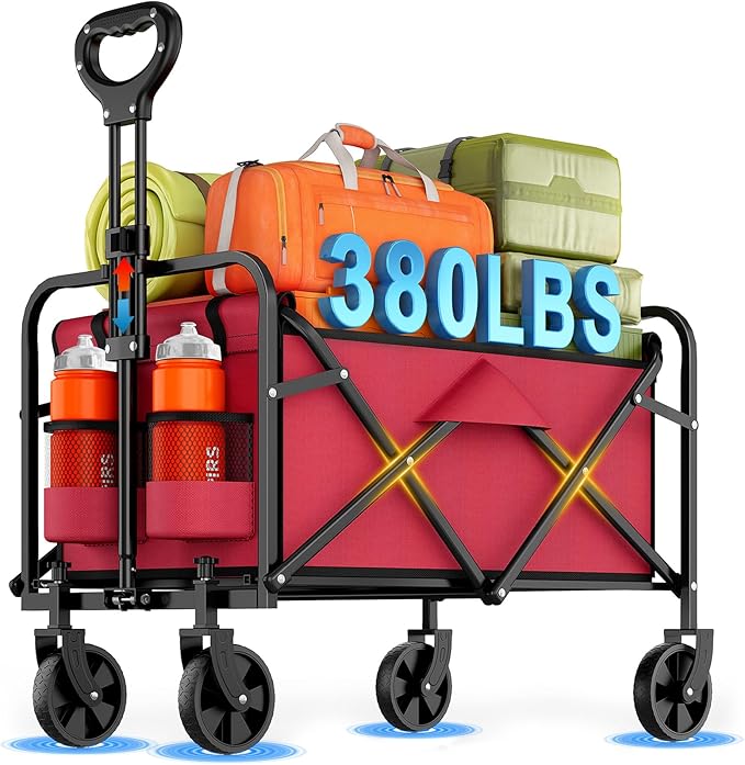 Collapsible Wagon Cart Foldable Beach Wagon with All-Terrain Wheels - 360 LBS Heavy Duty Grocery Cart for Shopping, Beach, Camping, Sports, Garden (Red)