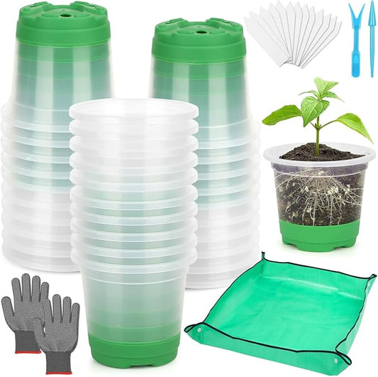 Caffox 55PCS Reusable Seed Starter Kit Includes 30 Packs 3.5" Clear Nursery Pots with Silicone Base, Repotting Mat, Gardening Gloves, Plant Labels and Seedling Tools for Easy Transplant