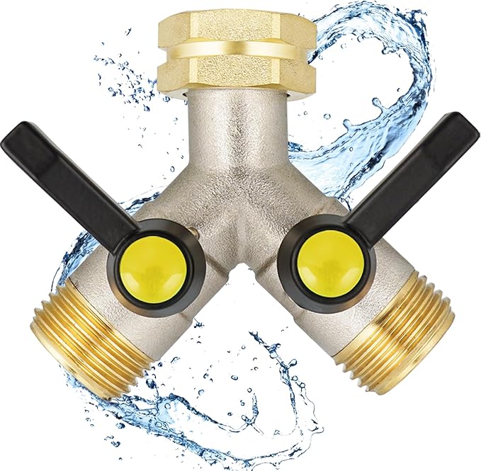 EJW Garden Hose Splitter 2-Way Heavy Duty, Y-Valve Garden Hose Faucet Splitter, 3/4” GHT Threads,Outdoor Faucet Splitter,Brass High Flow, Garden Hose Y-Splitter 2-Way,Y-Valve Full Flow Hose Splitter.