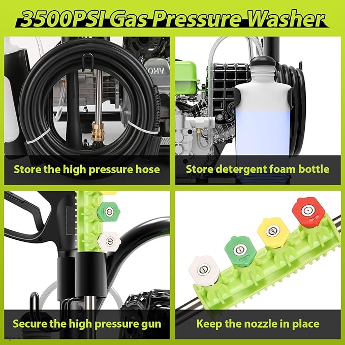 Commercial 3500PSI 2.4GPM 79.7CC Gas Pressure Washer, 2.5 HP Professional Gas Power Washer with 5 Nozzles 25FT Hose Foam Bottle for Car Fence Driveway Yard (EPA/CARB/ETL Compliant), Green