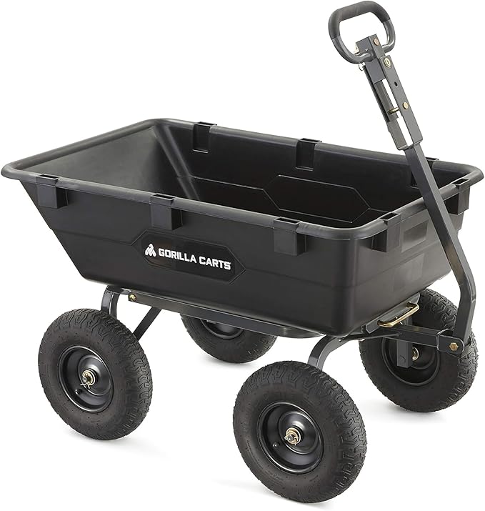 Gorilla Carts Heavy-Duty Poly Yard Dump Cart, 6 Cu Ft Tub, 1200 lb Haul Capacity, Black – Towable Utility Wagon with Quick-Release Dumping & Pneumatic Tires for Landscaping and Gardening