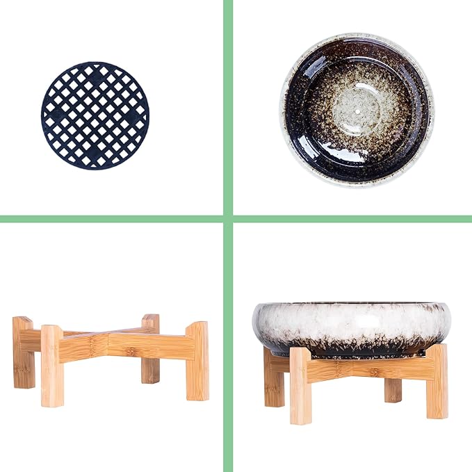 ARTKETTY Succulent Pots - 10 Inch Large Ceramic Bonsai Pots with Drainage Stand for Indoor Plants Shallow Planters Decorative Cactus Flower Plant Container Bowl