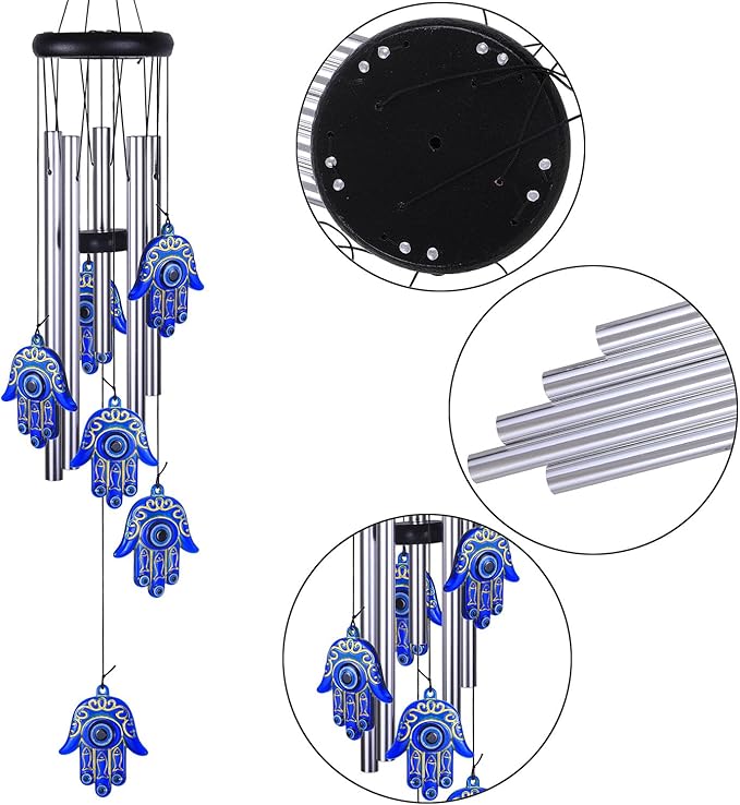 Blue Evil Eye Hamsa Hand Wind Chimes Outdoor Decoration, Hand of Fatima Windcatcher, Evil Eye Wind Bells, Hand of Fatima Blue Evil Eye Amulet Wind Chimes for Home, Gift for Mom, Balcony, Patio, Garden