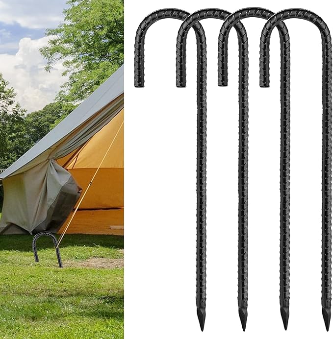 Black Rebar Stakes 12inx6mm Galvanized J Hook 4pcs – Heavy Duty Ground Tent Stakes for Fence,Bounce House,Outdoor Plants,Artificial Turf,Dog Coop,Metal Stakes for Christmas Decorations