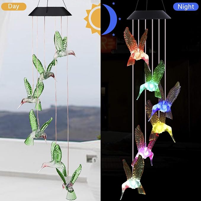 Solar Hummingbird Wind Chimes Outdoor Hanging -Waterproof Mobile Romantic Solar Powered Changing Color LED Wind Bells Light, Wind Chimes Gifts for Women, Home, Party, Festival, Night Garden Decoration