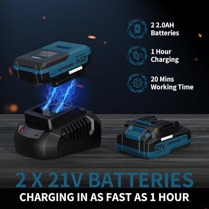 Leaf Blower, 21V Cordless Electric Blower with 2 2.0Ah Batteries and 1 Hour Fast Charger, Lightweight Leaf Blower for Patio Cleaning, Lawn Care, Blowing Fallen Leaves and Dust, etc.