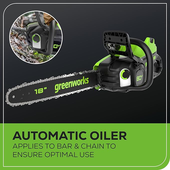 Greenworks 80V 18" Brushless Cordless Chainsaw (Great For Tree Felling, Limbing, Pruning, and Firewood), 75+ Compatible Tools, 4.0Ah Battery and Charger Included