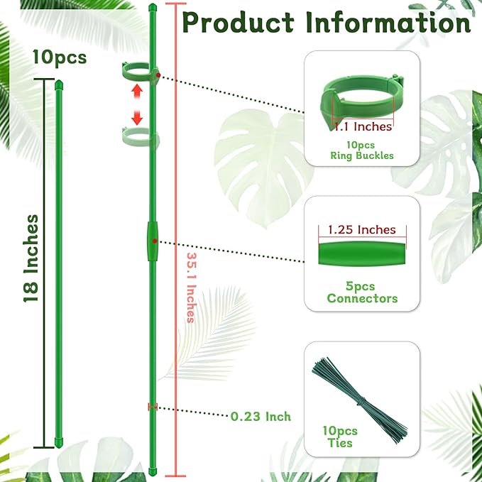 Plant Stakes 18Inch, 10Pcs Plant Support Stakes,HAINANSTRY Adjustable Length Garden Stakes,Plant Stakes for Indoor and Outdoor Plants,Tomatoes/Beans/Orchid/Vegetable Stakes for Garden