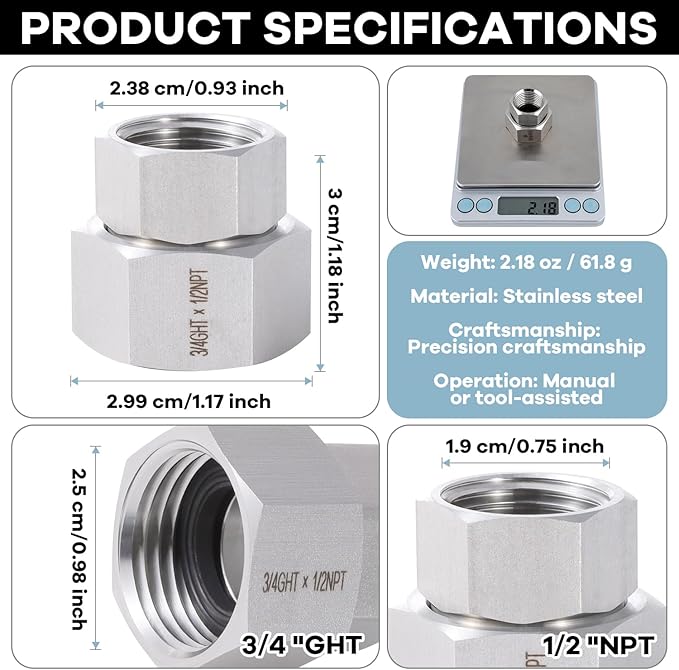 2 Pcs Stainless Steel Garden Hose Fittings Connectors Adapter,3/4" GHT to 1/2" NPT Repair Female to Female Double dual water hose connector, Lead-Free