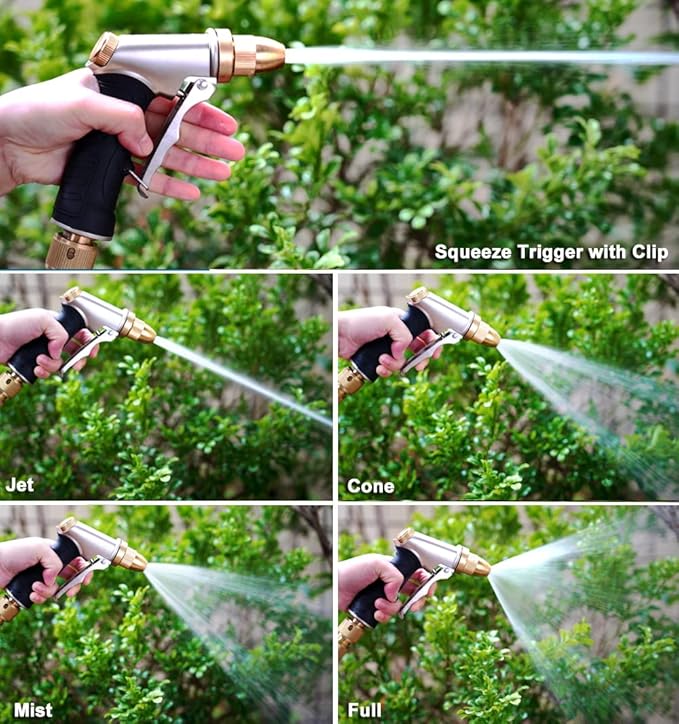 ESOW Garden Hose Nozzle 100% Heavy Duty Metal, Full Brass Nozzle & ABS Non-slip Ergonomic Grip, 4 Watering Patterns, High Pressure Metal Spray Gun for Watering Plants, Car Wash and Showering Dog