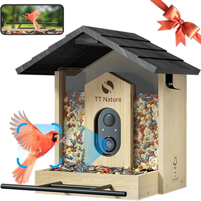 TT Nature Bird Feeder with Camera, Upgraded 1.5L Smart Bird Feeder with AI Identify for 10000+ Bird Species, Auto Capture Bird & Real-time Notifications, Ideal Gift for Bird Lover (Wooden Roof)