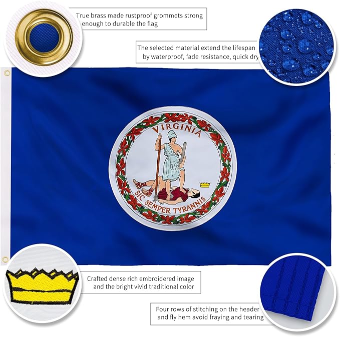 XIFAN Premium Virginia State Flag 3x5 ft Outdoor, Double Sided Embroidered Pattern, Heavy Duty 210D Nylon VA Flags, the Strongest Longest Lasting for Outside with Sewn Stripes/Brass Grommets