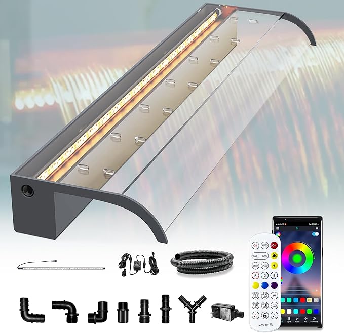 Pool Fountain, LONGRUN Waterfall Spillway for Koi Ponds - 35.4" Transparent Acrylic Waterfall for Swimming Pool, Garden Pond, Patios, Spa Decoration