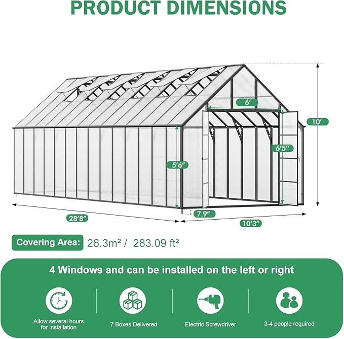 CDCASA 10x28 FT Greenhouse for Outdoors,Large Easy Assembly Thicker Aluminum Polycarbonate Greenhouses w/6 Windows, Double Door, Walk-in Green House for Outside,Patio,Backyard,Garden