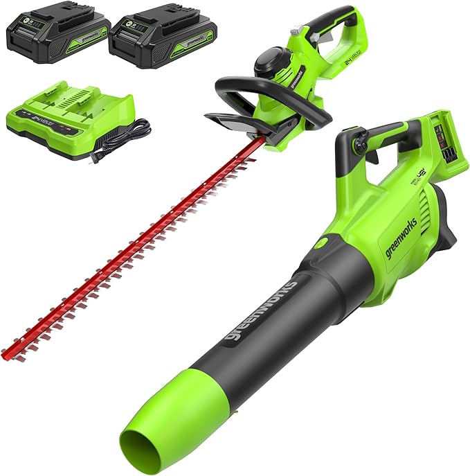 Greenworks 48V (2 x 24V) Cordless Brushless Axial Leaf Blower,24V Cordless Battery Hedge Trimmer Combo Kit