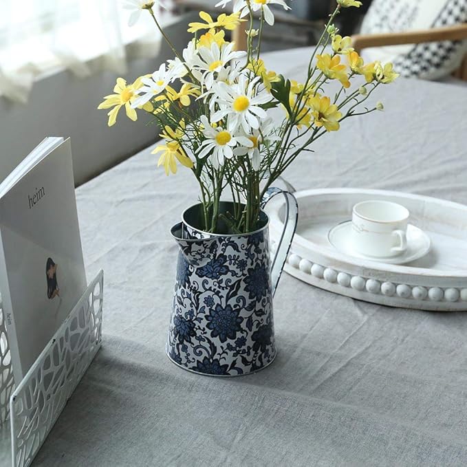 Shabby Chic Watering Can Galvanized Finish Metal Vase Country Rustic Pitcher Primitive Jug Decorative Flower Holder, 7.1" H