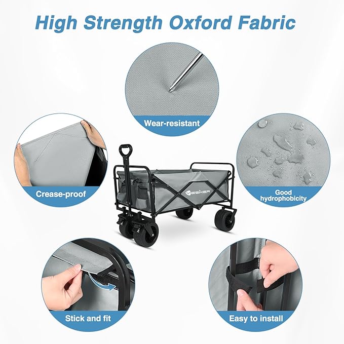 Yesker Foldable Wagon - 300lbs Collapsible Garden Carts with All Terrain Wheels for Outdoor Camping Sports Shopping Gardening - Heavy Duty Portable Utility Trolley (Gray)