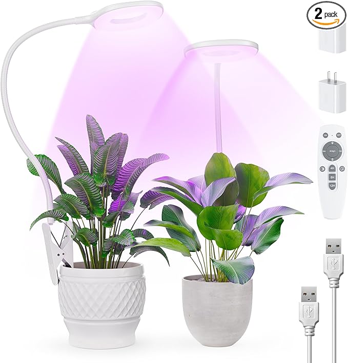 Full Spectrum Grow Lights for Indoor Plants, Clip On Plant Lights for Indoor Growing with 4/8/12H Timer, 3 Light Modes, 10 Dimmable Levels, Adjustable Gooseneck, Remote Control, 2-Pack