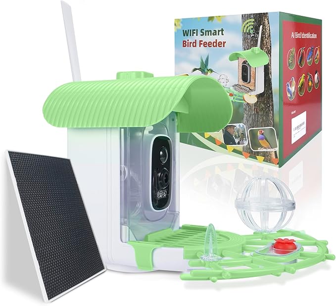 Bird Feeder with Camera, Smart Bird Cam with AI Identify BirdSpecies, Auto Record BirdVideo, Instant Notifications, 2K Video Live Stream Camera with Solar Panel for Birds Lover (Green)