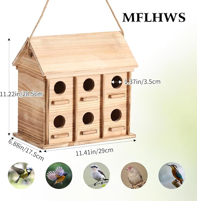Bird Houses for Outside - Large Bird House for 12 Bird Families Outdoor Bird House for Bluebird Finch Cardinals Bird Houses for Outdoor Hanging Birdhouse for Garden (Wood, Set of 1)