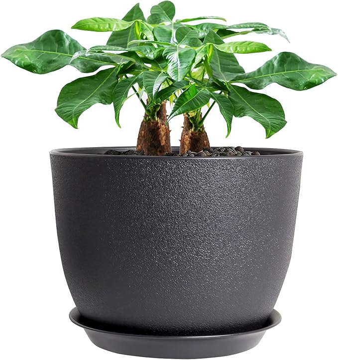12inch Large Plant Pot, Modern Plastic Planter with High Driange Holes and Saucer for Indoor Outdoor Garden Plants and Flowers, Black