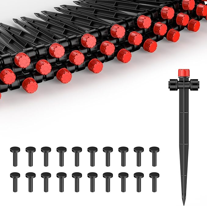 Pawfly 60 Pcs Push-to-Fit Drip Irrigation Emitters for 1/4 Inch Tubing with Stake & End Plugs, Two-Way Connection Irrigation Drippers, 8-Stream Sprinklers Drip Emitters with Adjustable Water Flow