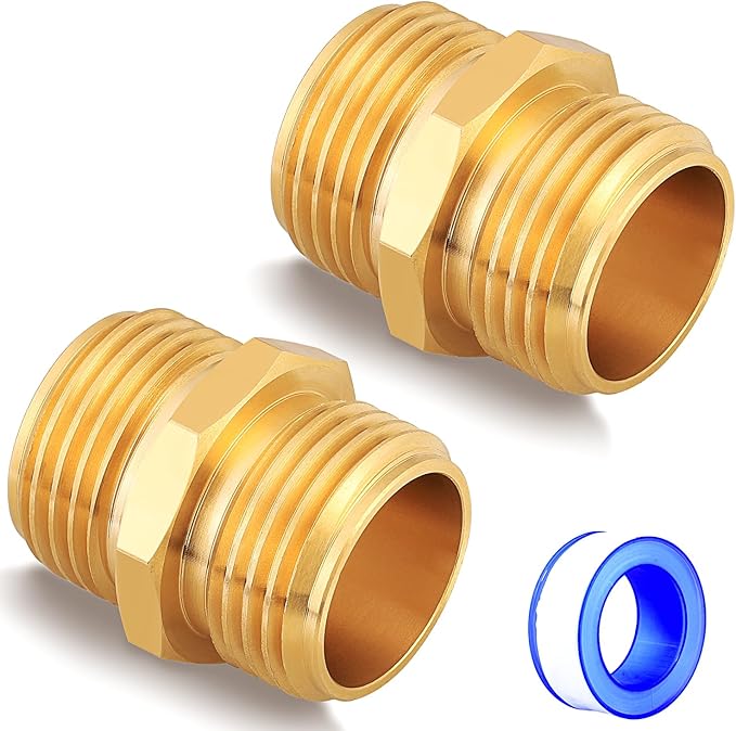 UNWAVER Solid Brass Garden Hose Fittings Male Connectors Adapter Heavy Duty Brass Double Male Faucet Leader Coupler Dual Water Hose Connector(3/4" GHT) 2 Pcs