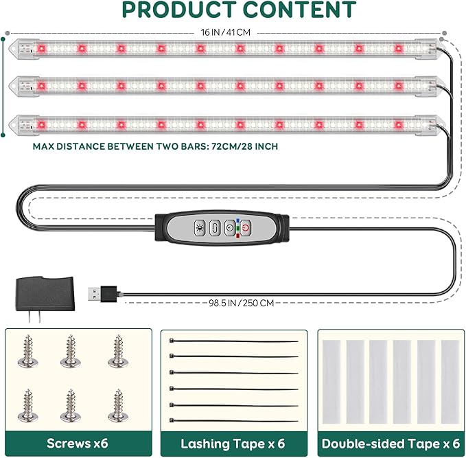 3-Bar Grow Light Strips for Indoor Plants, 16" Full Spectrum Plant Lights, 6500K Sunlike Grow Lights with 6/12/18H Timer, 5-Level Dimmable for Indoor Growing