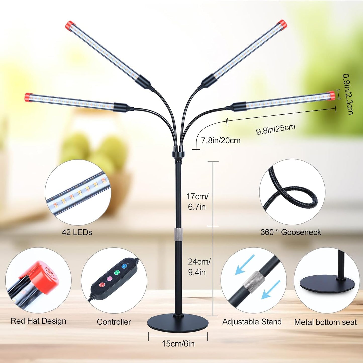 4-Head Table Top Grow Lights for Indoor Plants, Seed Starting, Bonsai with Timer, 36W Power Home Plug, FECiDA 2025 Full Spectrum Plant Growing Lamps, 16"-24" Height Adjustable