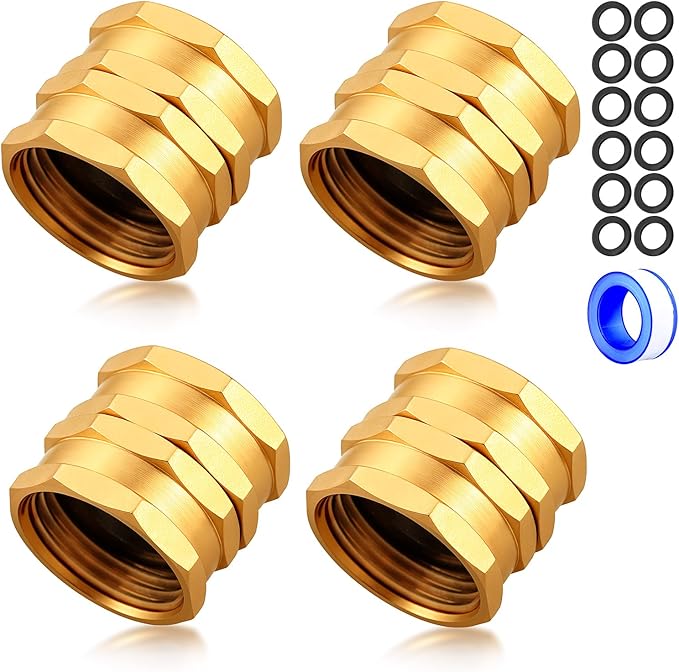 UNWAVER Solid Brass Garden Hose Fittings Female Connectors Adapter Heavy Duty Brass Double Female Faucet Leader Coupler Dual Water Hose Connector(3/4" GHT) 4 Pcs