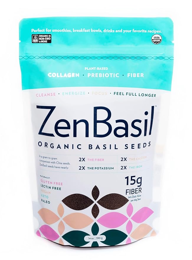 Zen Basil Seeds | edible basil seeds usda organic, kosher, non-gmo, lectin free, gluten free, plant based, keto, paleo, vegan | 15g fiber per/serv | 14oz | more fiber than chia seeds | prebiotic